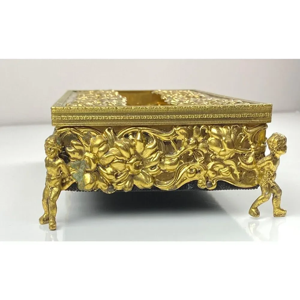 Vtg Cherub Angel Footed Tissue Box Vanity Patina Ormolu Flowers Baroque Rococo E